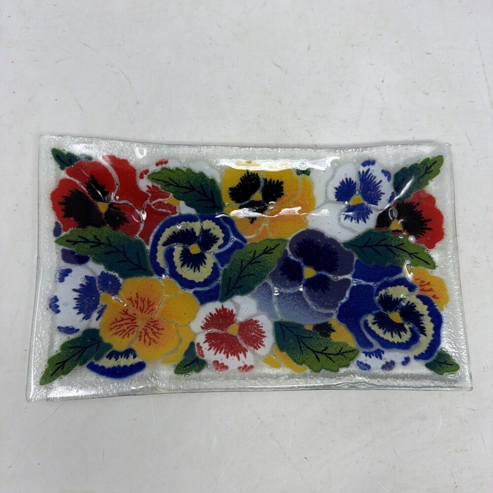 Peggy Karr Fused Glass Rectangle Tray Dish w Pansies 9.75" x 6" Signed